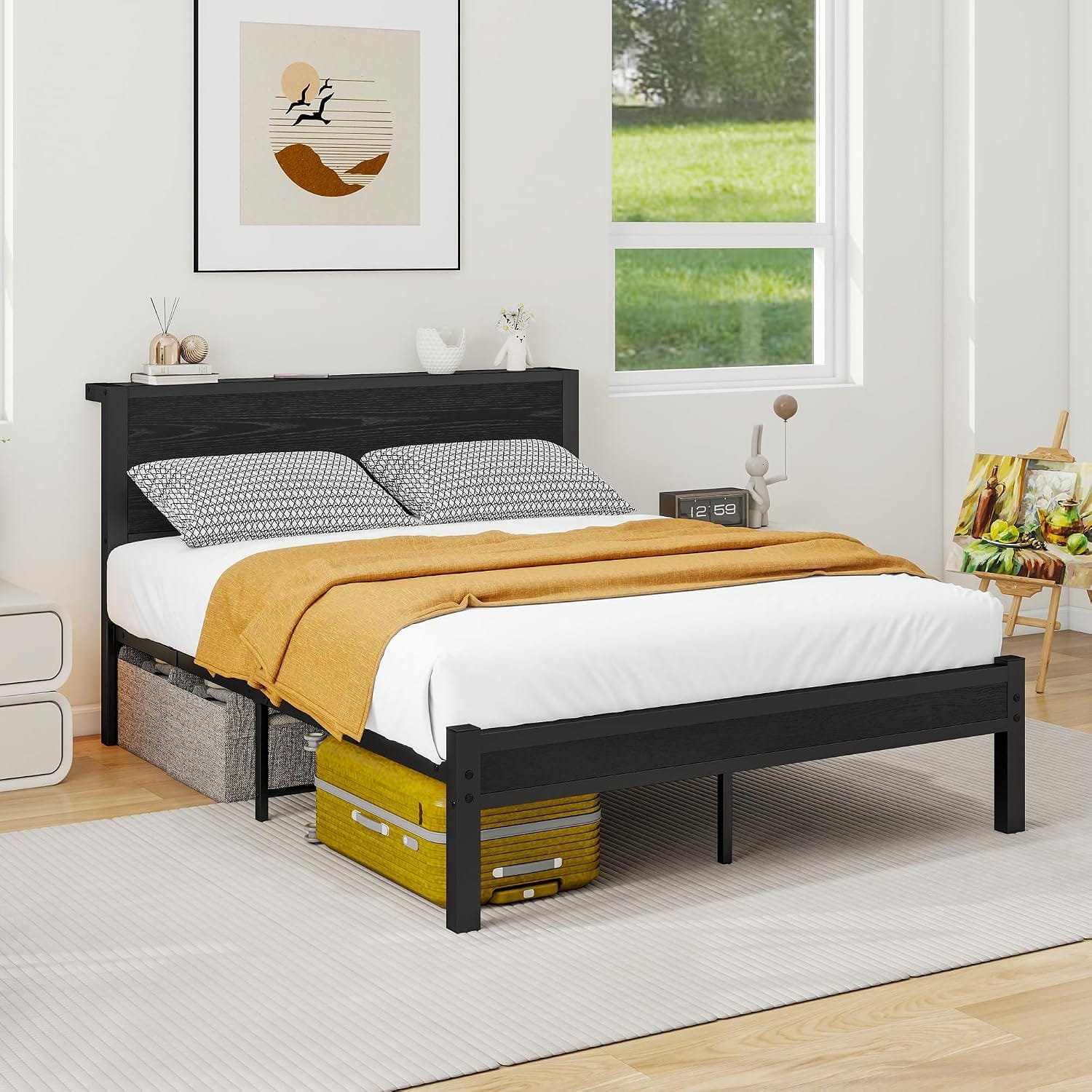 Metal Bed Frame with Wooden Storage Headboard | Heavy Duty Steel Slats | Single, Double & King