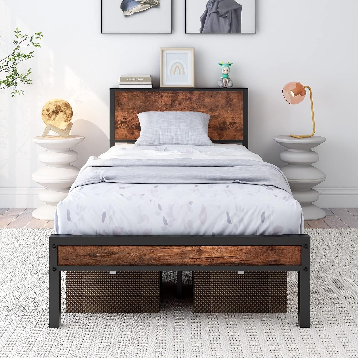 Metal Bed Frame with Wooden Storage Headboard | Heavy Duty Steel Slats | Single, Double & King