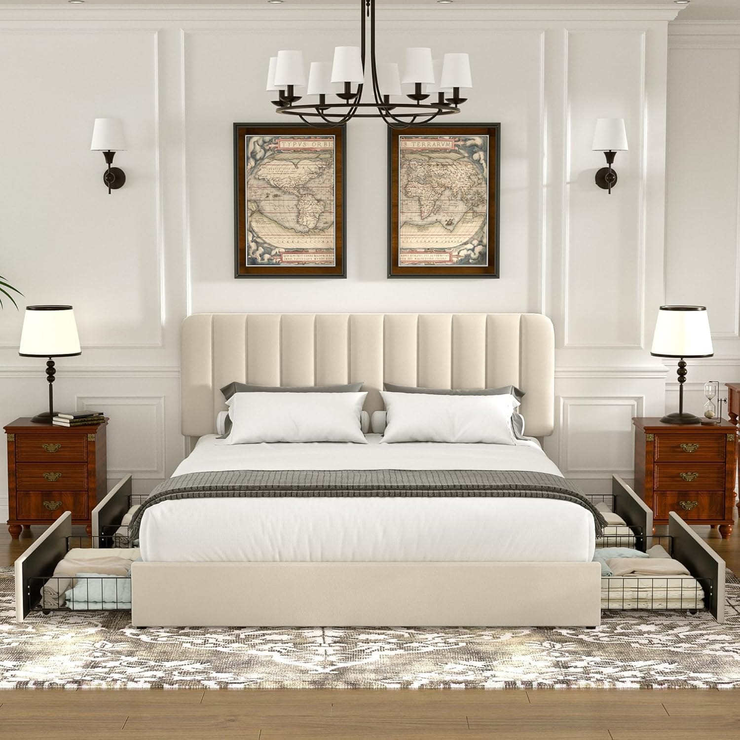Double Bed Frame with 4 Storage Drawers | Velvet Upholstered Headboard | Wooden Slats | Beige & Grey