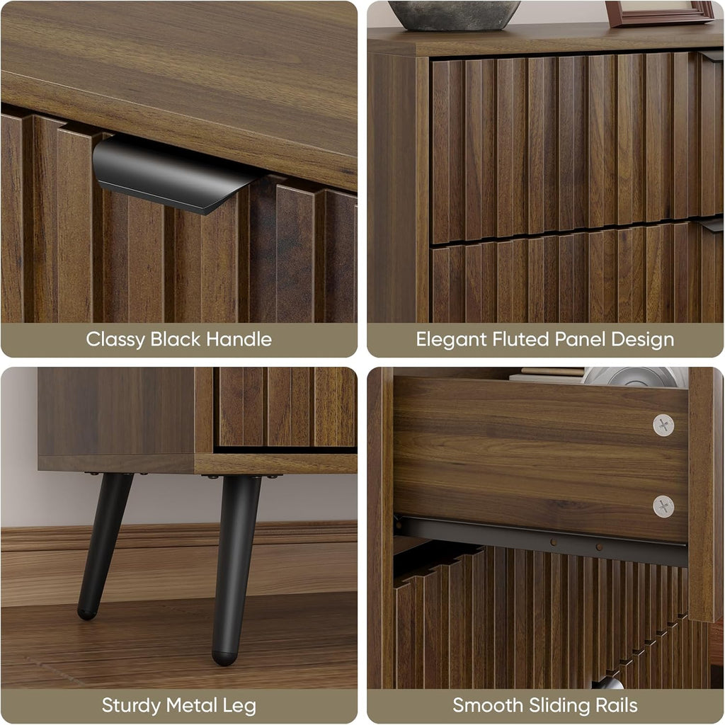 Fluted Chest of 3 Drawers | Mid-Century Modern | Walnut Veneer | Metal Legs | Bedroom & Living Room