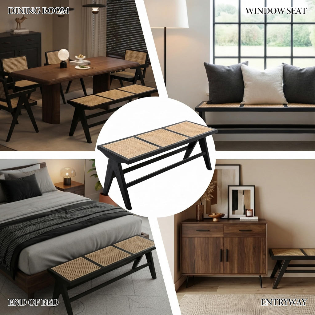 Shano Rattan Dining Bench | Solid Wood Frame | Woven Rattan Seat | Entryway Ottoman | 2 Colours