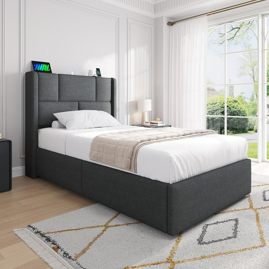 Ottoman Single Bed Frame with Hydraulic Storage, Charging Station & Adjustable Headboard | Grey | 3ft (90x190cm)