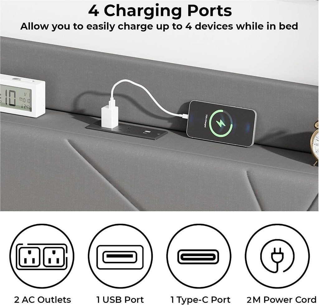 Upholstered Bed Frame with Built-In Charging Station | Linen Headboard | Storage | Single, Double & King