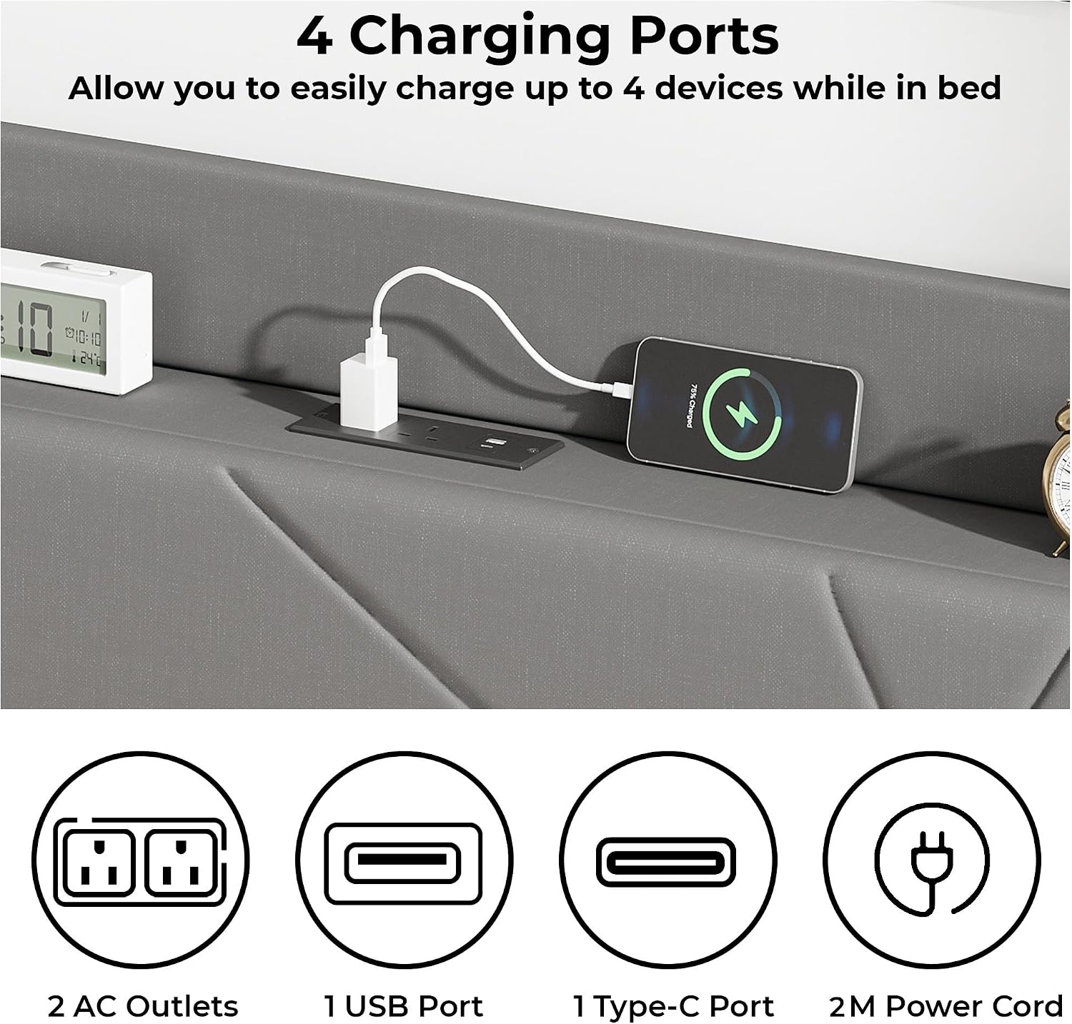 Upholstered Bed Frame with Built-In Charging Station | Linen Headboard | Storage | Single, Double & King