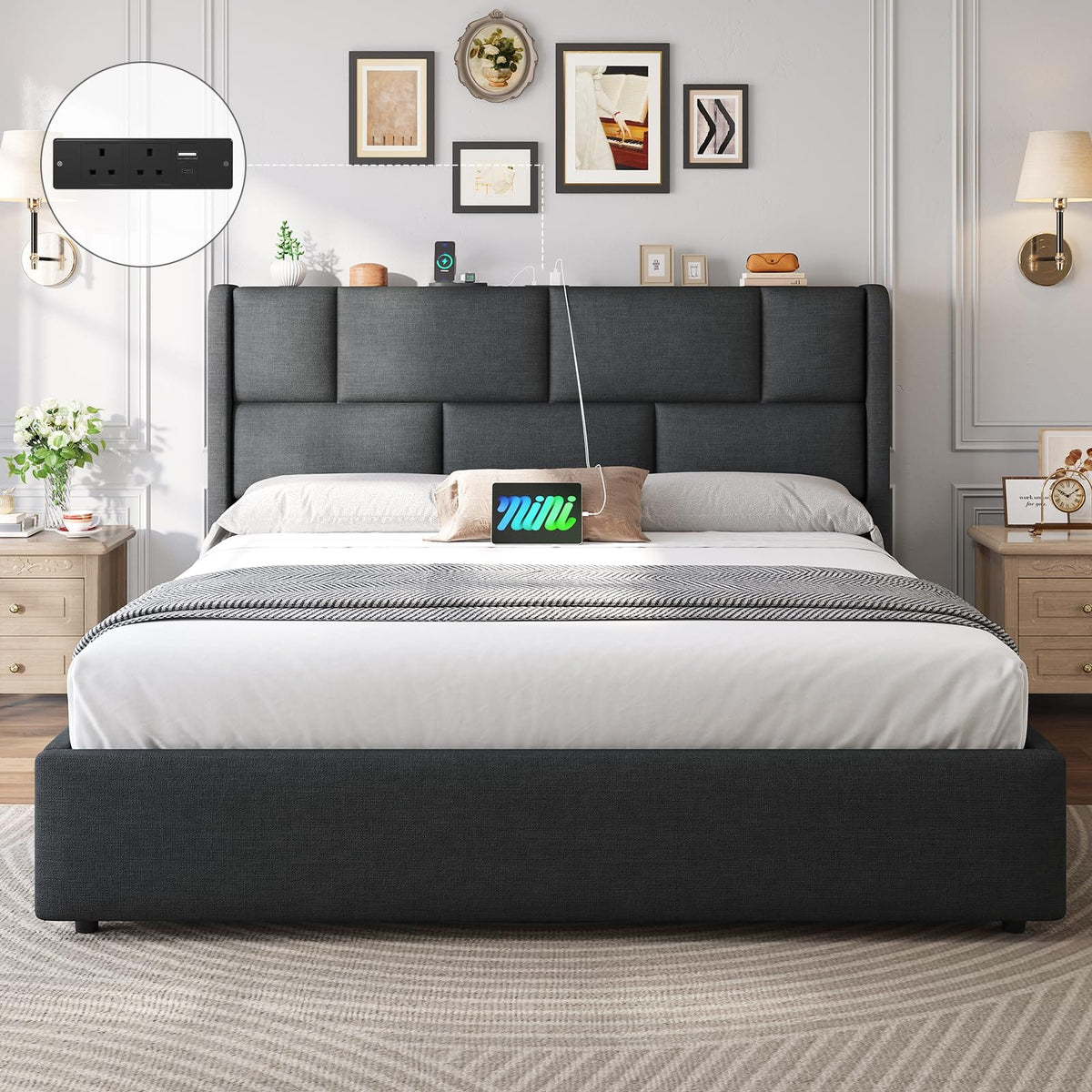 Ottoman Single Bed Frame with Hydraulic Storage, Charging Station & Adjustable Headboard | Grey | 3ft (90x190cm)