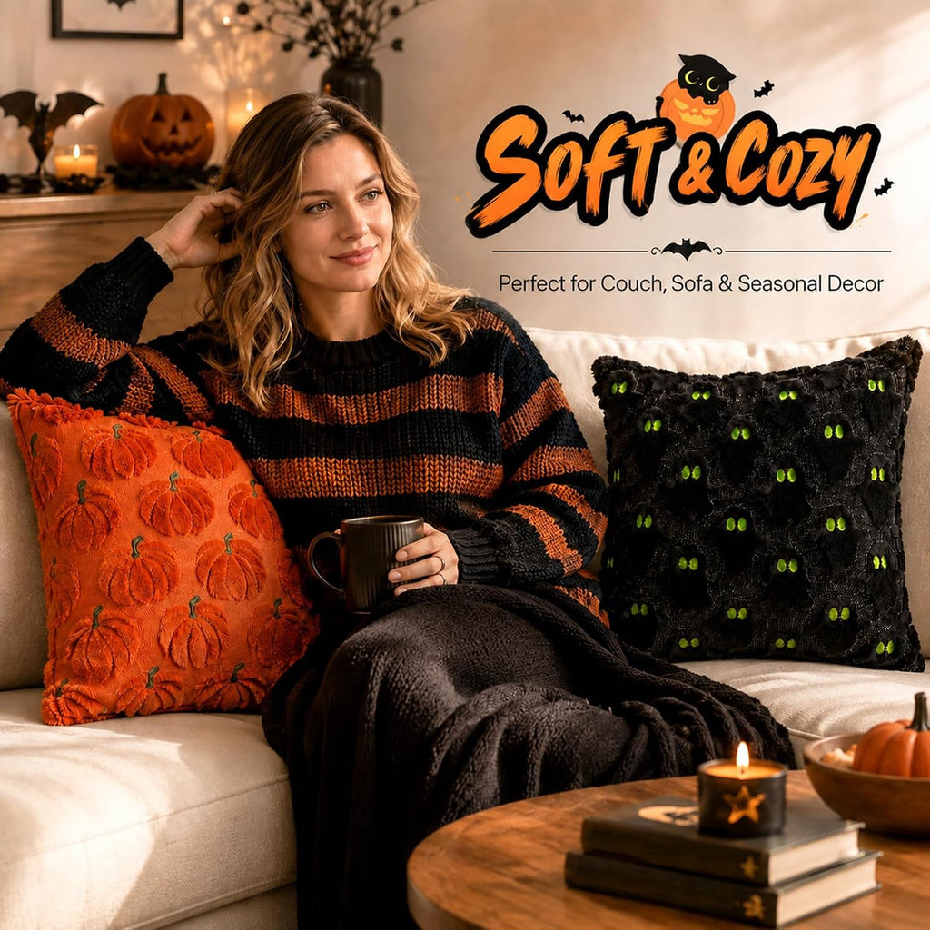 Halloween Cushion Covers, 45x45cm Funny Ghost Throw Pillow Covers, Pumpkin Ghost Halloween Decorations, Soft Plush Faux Fur Wool Couch Cushion Case for Chair Sofa Home Decor (Only Cover)