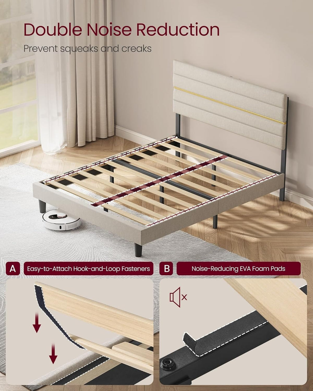 Upholstered Bed Frame | Adjustable Headboard | Metal Frame & Wooden Slats | Double & King