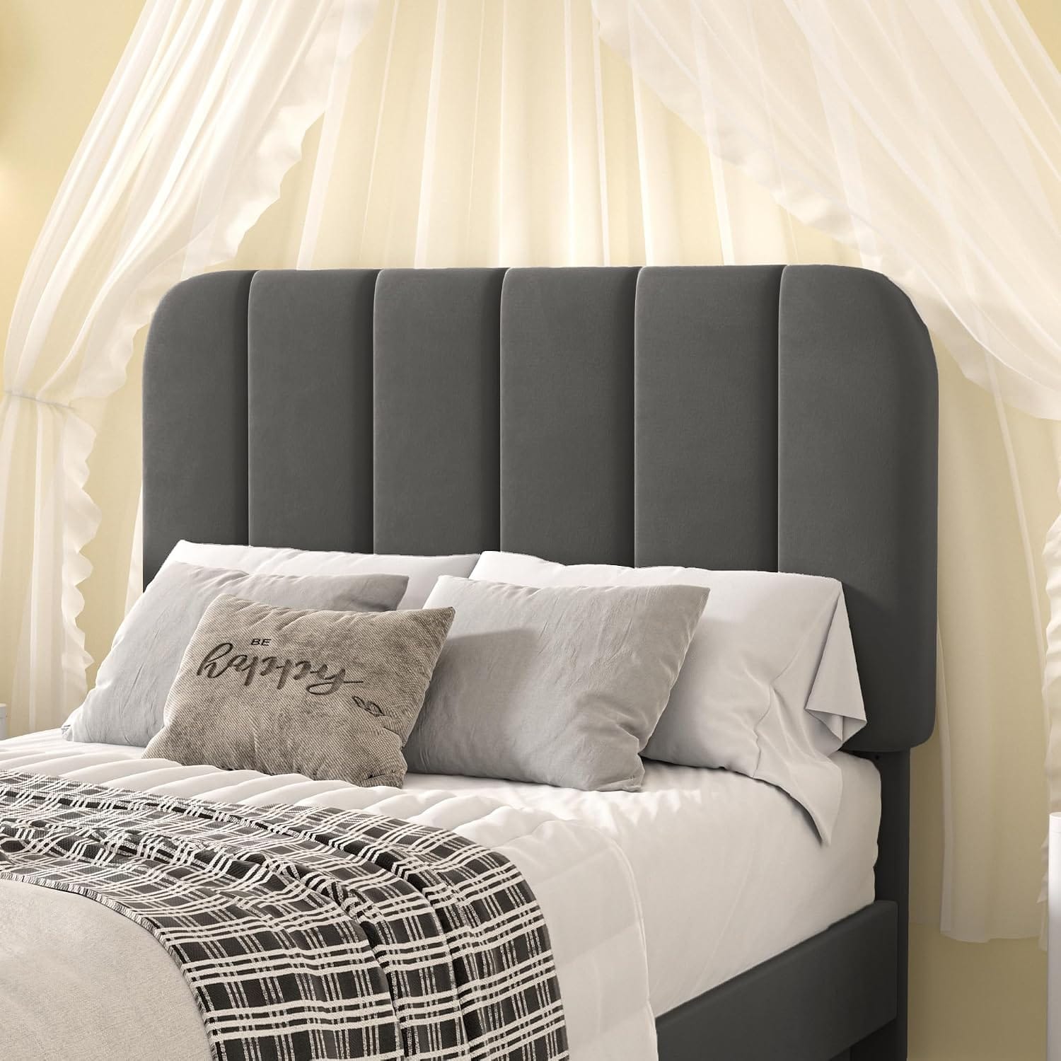 Double Bed Frame with 4 Storage Drawers | Velvet Upholstered Headboard | Wooden Slats | Beige & Grey