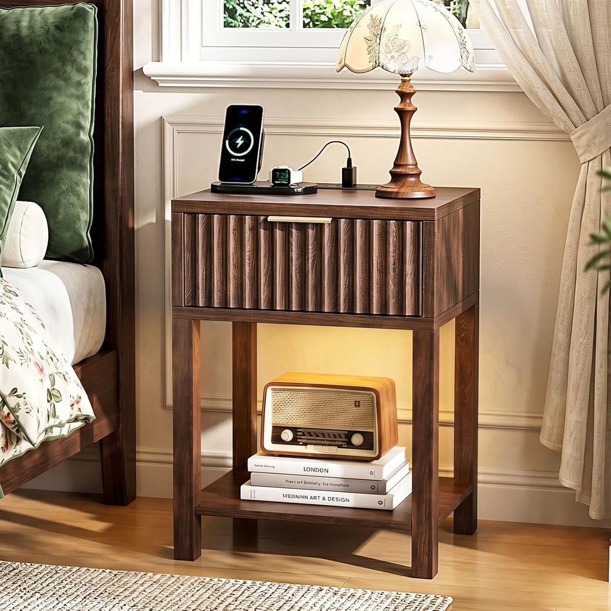 Smart Bedside Table with LED Lights & USB Charging | Fluted Design | 1 or 2 Pack | Oak, Gray Oak & Walnut