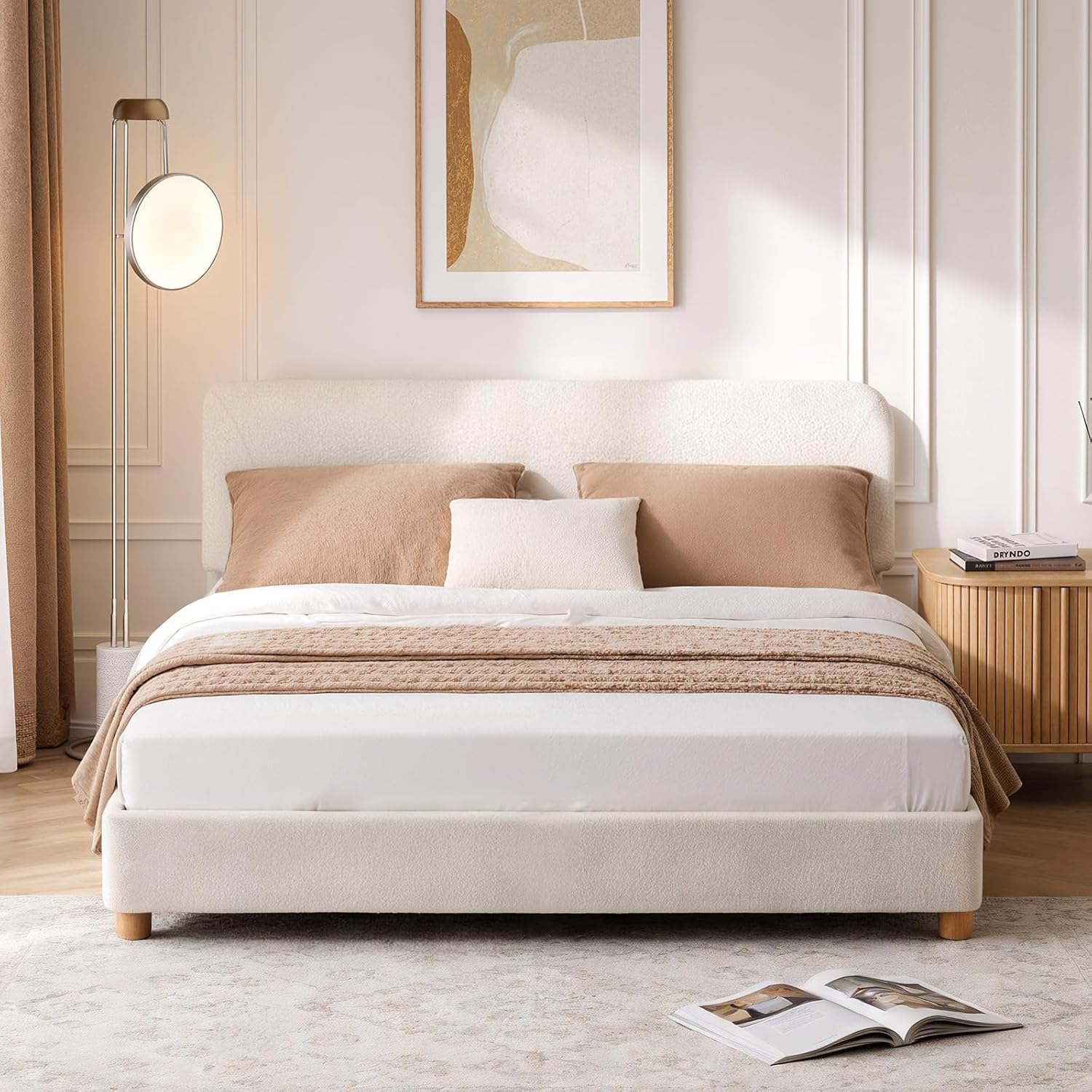 Boucle Cloud Bed Frame | Upholstered Adjustable Headboard | Solid Wood Legs | Double & King