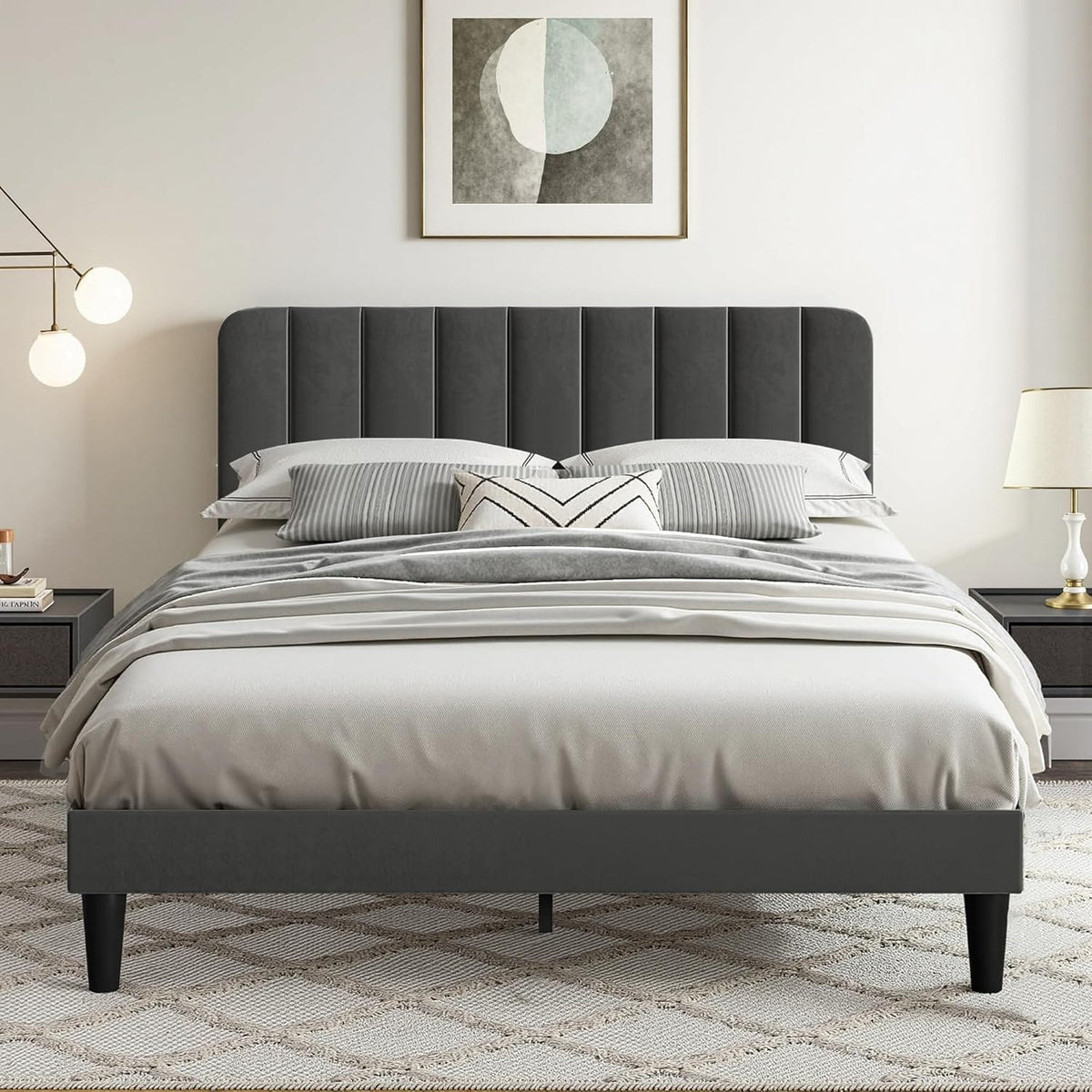 Shano Furniture Velvet Upholstered Double Bed Frame, Grey