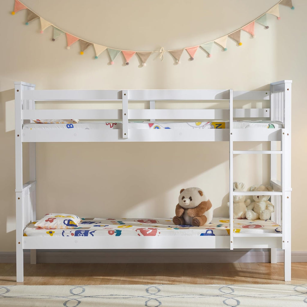 Single Bunk Bed Frame | Solid Pine Wood | Guard Rails & Ladder | Splits into 2 Beds | White & Grey