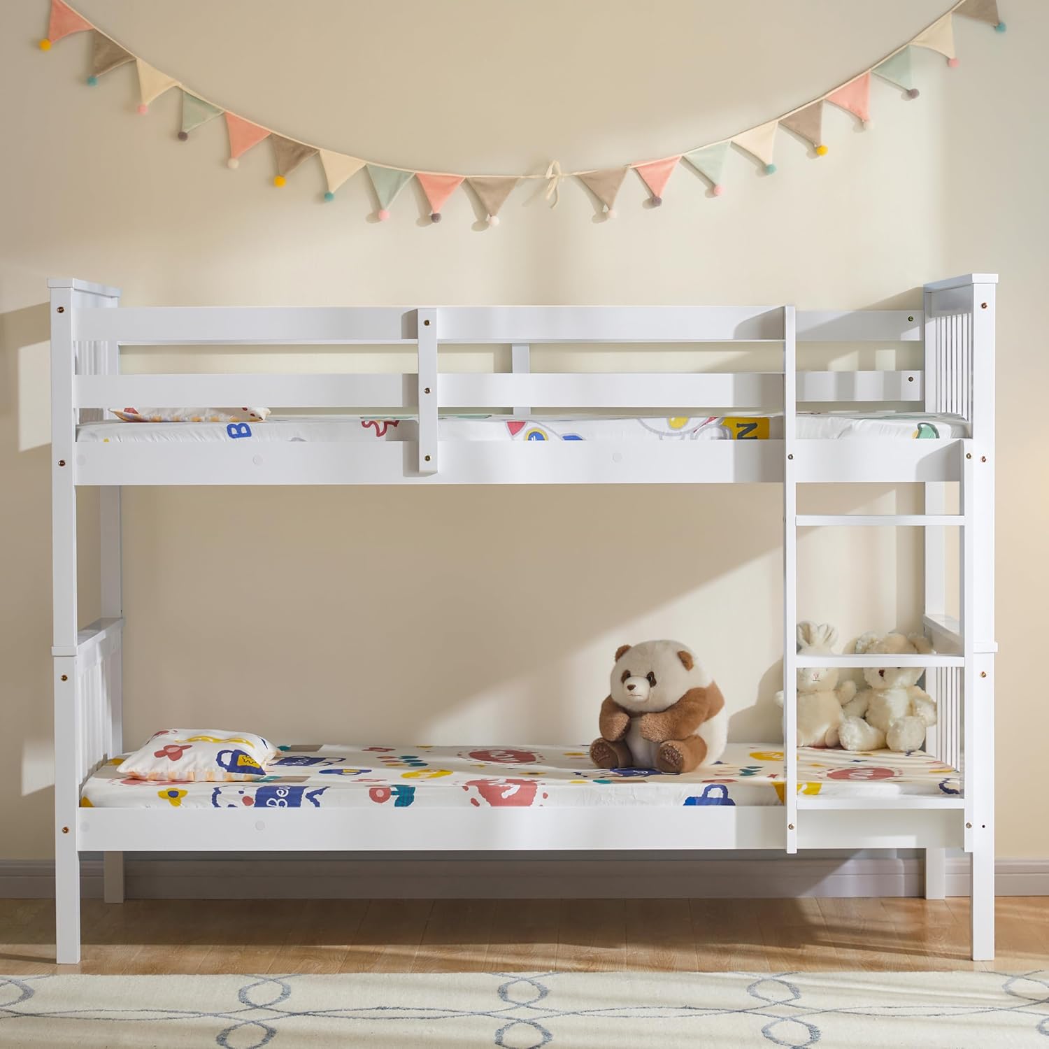 Single Bunk Bed Frame | Solid Pine Wood | Guard Rails & Ladder | Splits into 2 Beds | White & Grey