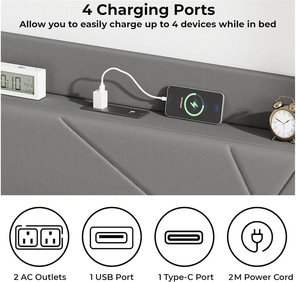 Upholstered Bed Frame with Built-In Charging Station | Linen Headboard | Storage | Single, Double & King
