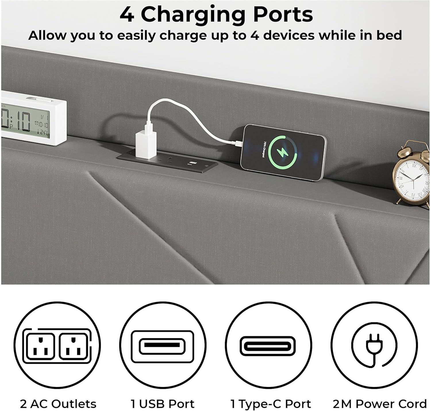 Upholstered Bed Frame with Built-In Charging Station | Linen Headboard | Storage | Single, Double & King