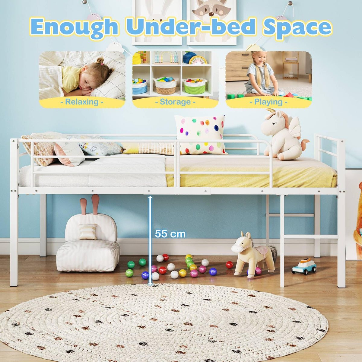 Metal Kids Bunk Bed, 3FT Children Loft Bed with Guardrails & 2 Ladders, Heavy Duty Toddler Bedframe for Boys Girls, No Box Spring Needed (Black)