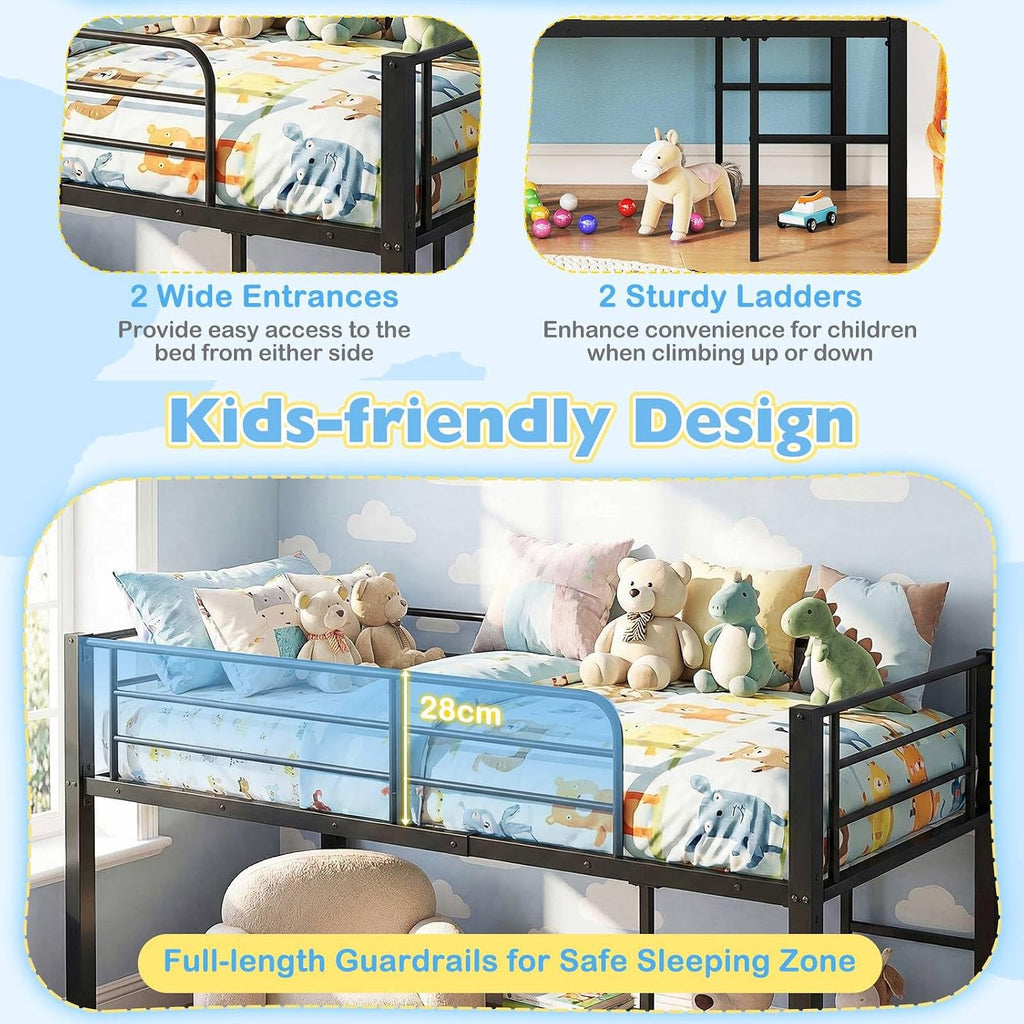 Metal Kids Bunk Bed, 3FT Children Loft Bed with Guardrails & 2 Ladders, Heavy Duty Toddler Bedframe for Boys Girls, No Box Spring Needed (Black)