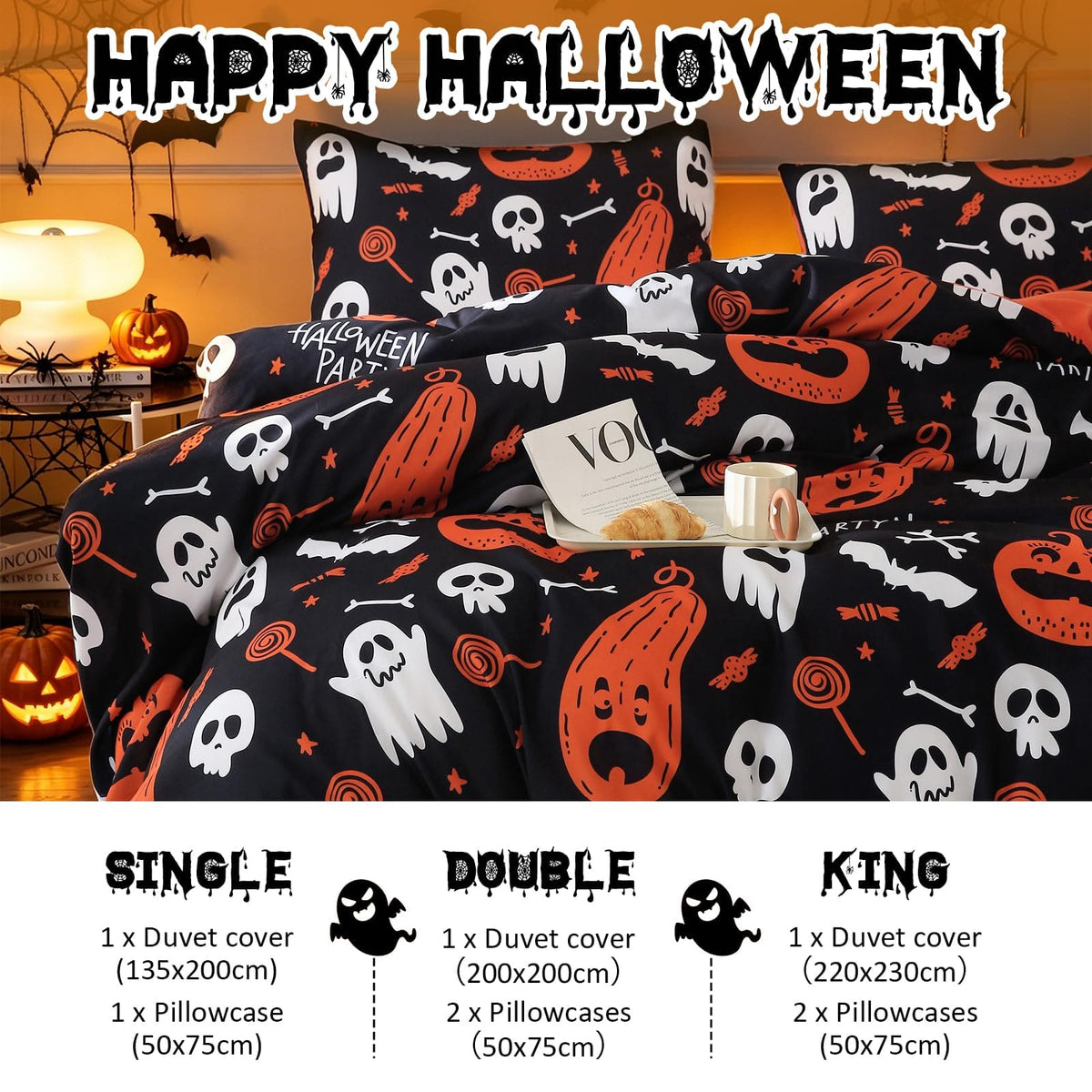 Halloween Duvet Cover Set 3 Pieces with Skull Pumpkin