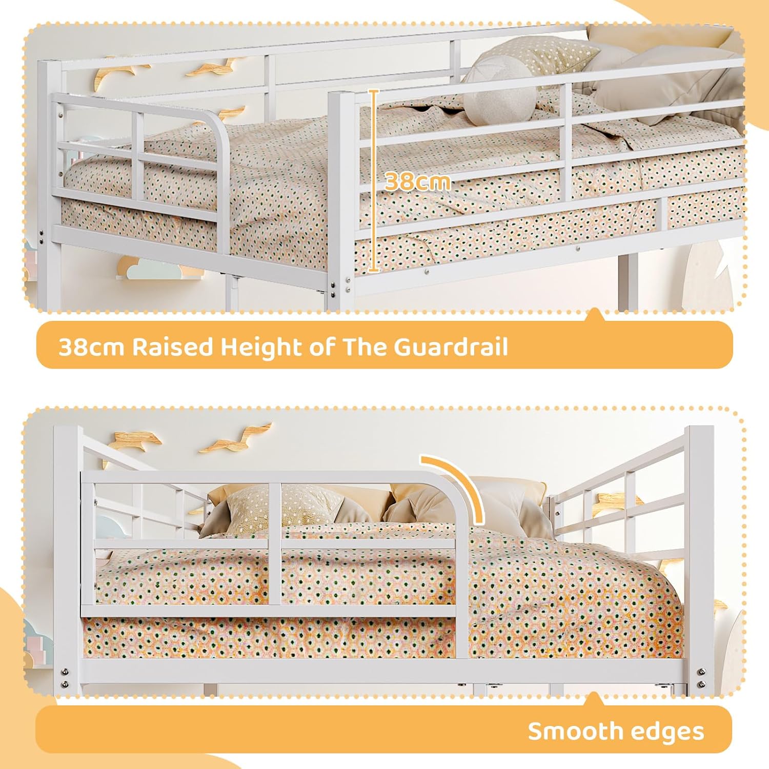 Metal Bunk Bed Single over Single | 38cm Full-Length Guardrail | Non-Slip Ladder | Optional Drawer | Black, White & Grey