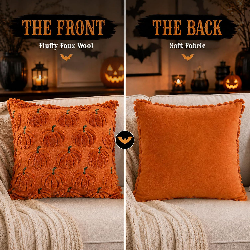 Halloween Cushion Covers, 45x45cm Funny Ghost Throw Pillow Covers, Pumpkin Ghost Halloween Decorations, Soft Plush Faux Fur Wool Couch Cushion Case for Chair Sofa Home Decor (Only Cover)
