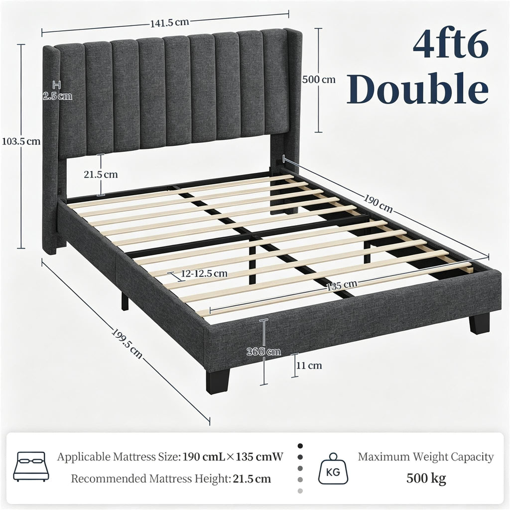 Shano Furniture Channel-Tufted Wing Bed Frame, Double, Beige