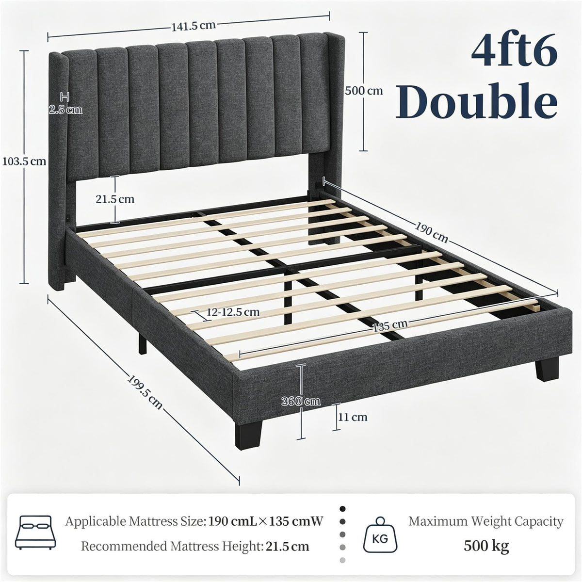 Shano Furniture Channel-Tufted Wing Bed Frame, Double, Beige