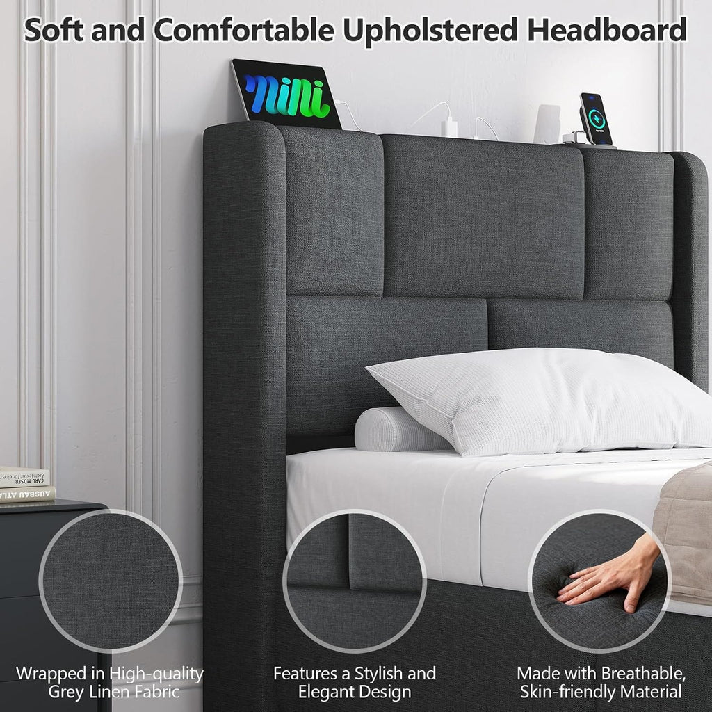 Ottoman Single Bed Frame with Hydraulic Storage, Charging Station & Adjustable Headboard | Grey | 3ft (90x190cm)