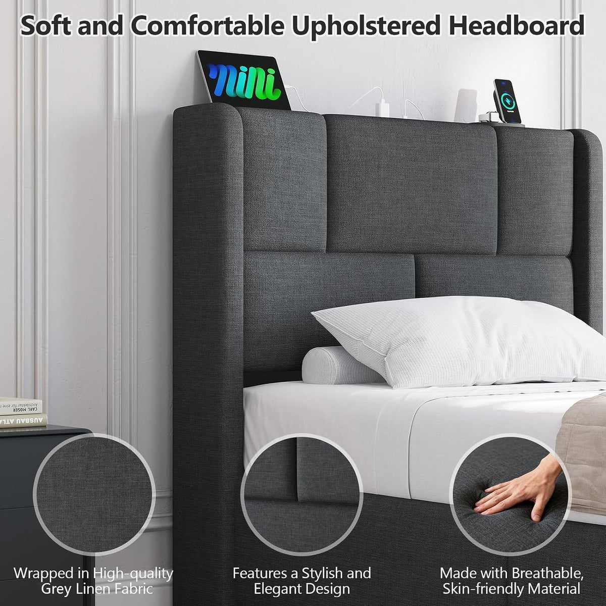 Ottoman Single Bed Frame with Hydraulic Storage, Charging Station & Adjustable Headboard | Grey | 3ft (90x190cm)
