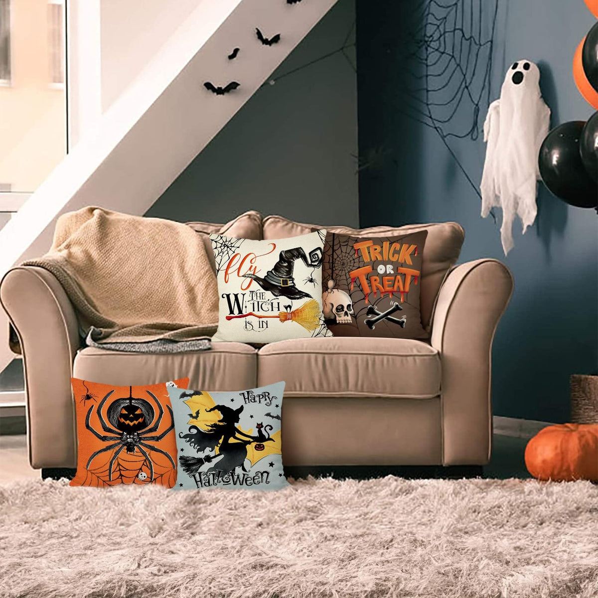 Happy Halloween Cushion Covers 45 x 45 cm Pumpkin Ghost Black Cat Trick or Treat Decorative Pillow Covers Black Pillowcases for Sofa Bed Home Outdoor Decor Set of 4