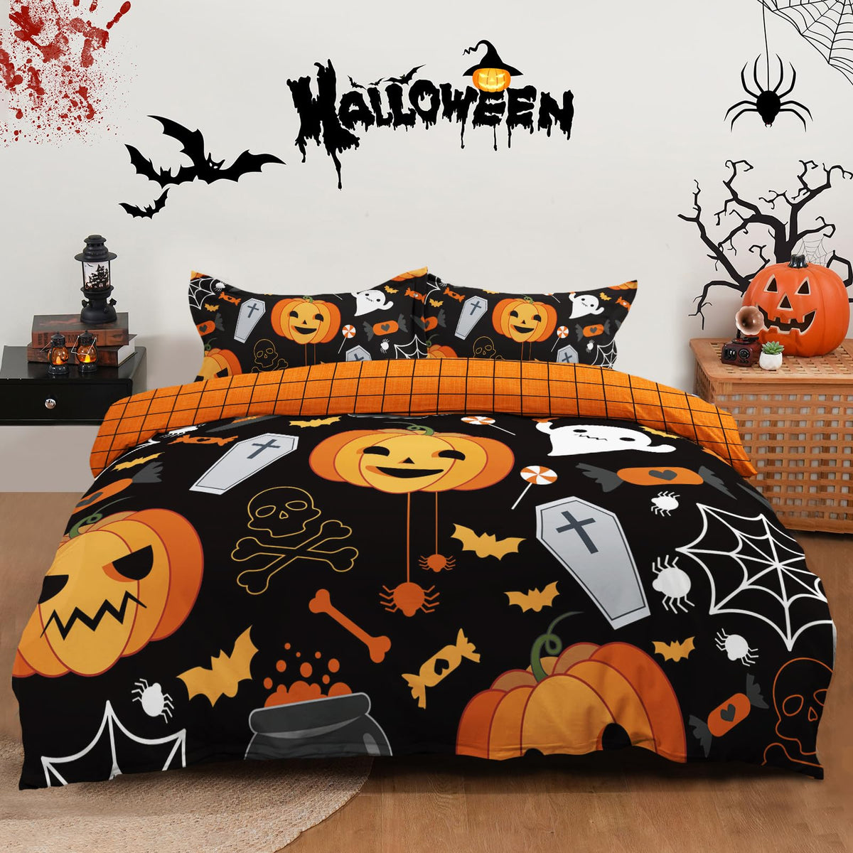 Halloween Duvet Cover Set 3 Pieces with Skull Pumpkin