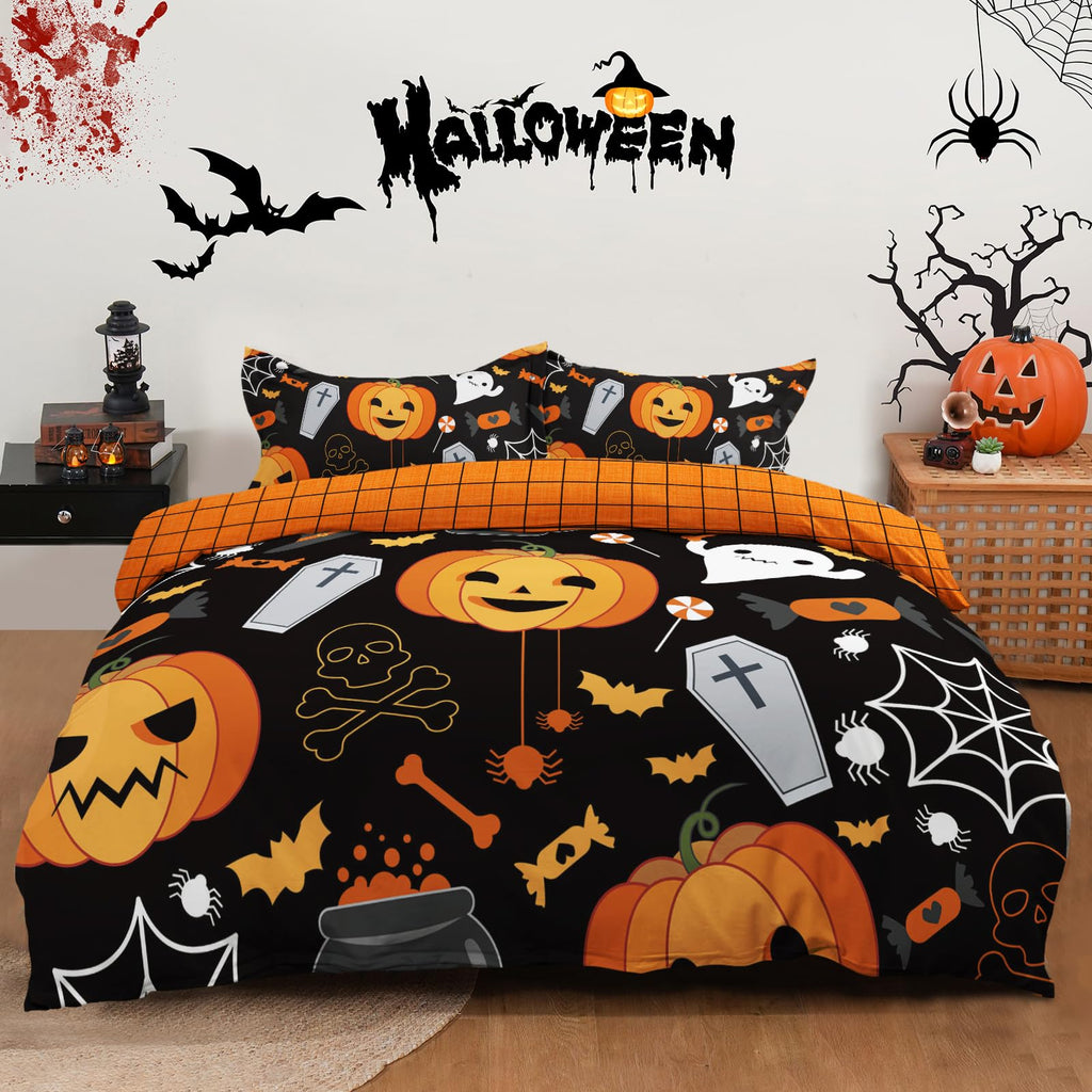 Halloween Duvet Cover Set 3 Pieces with Skull Pumpkin
