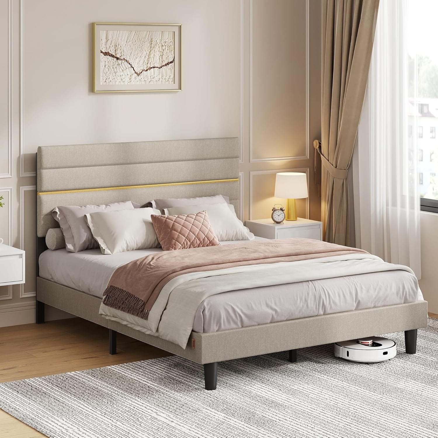 Upholstered Bed Frame | Adjustable Headboard | Metal Frame & Wooden Slats | Double & King