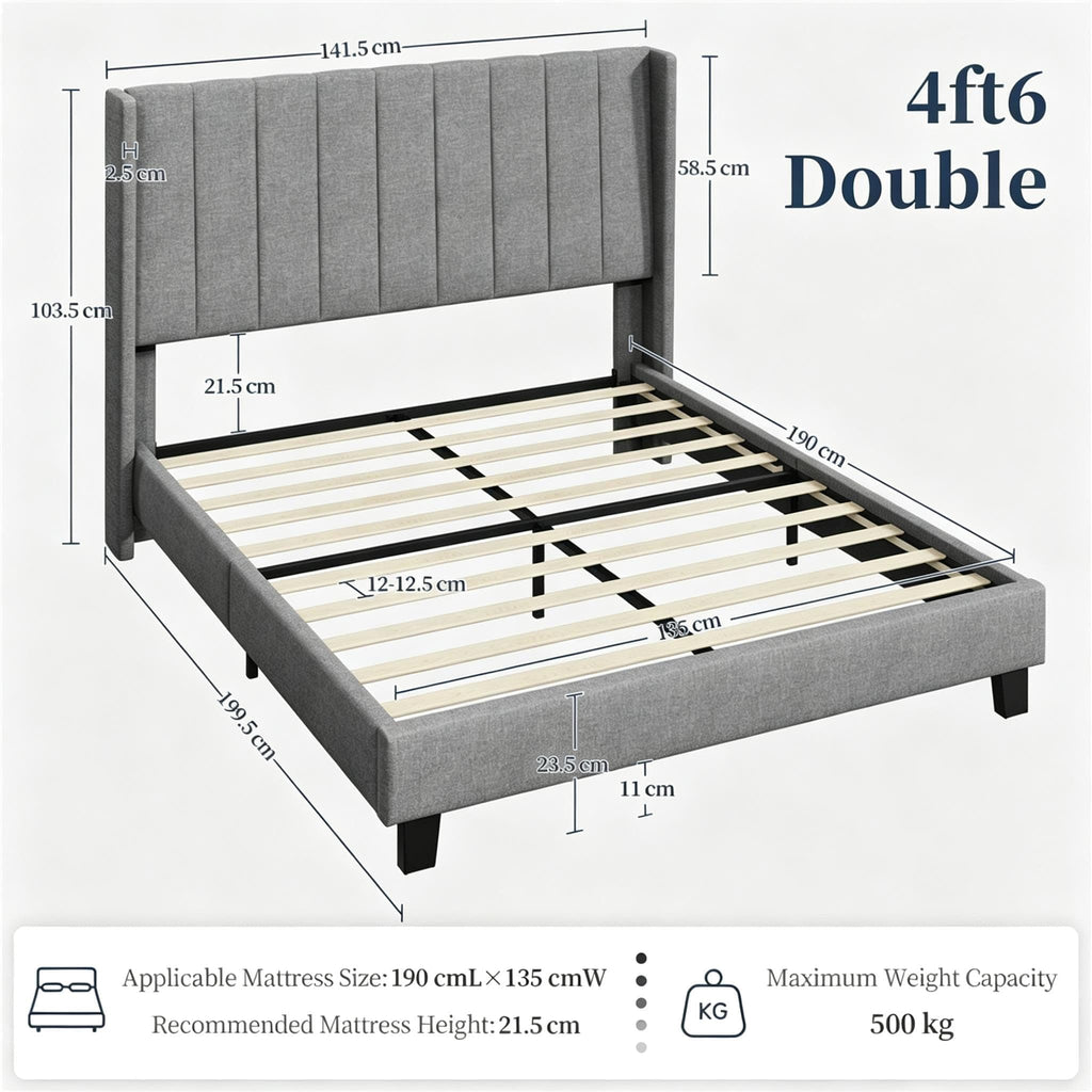 Shano Furniture Channel-Tufted Wing Bed Frame, Double, Beige