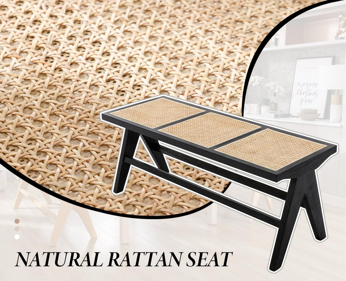 Shano Rattan Dining Bench | Solid Wood Frame | Woven Rattan Seat | Entryway Ottoman | 2 Colours