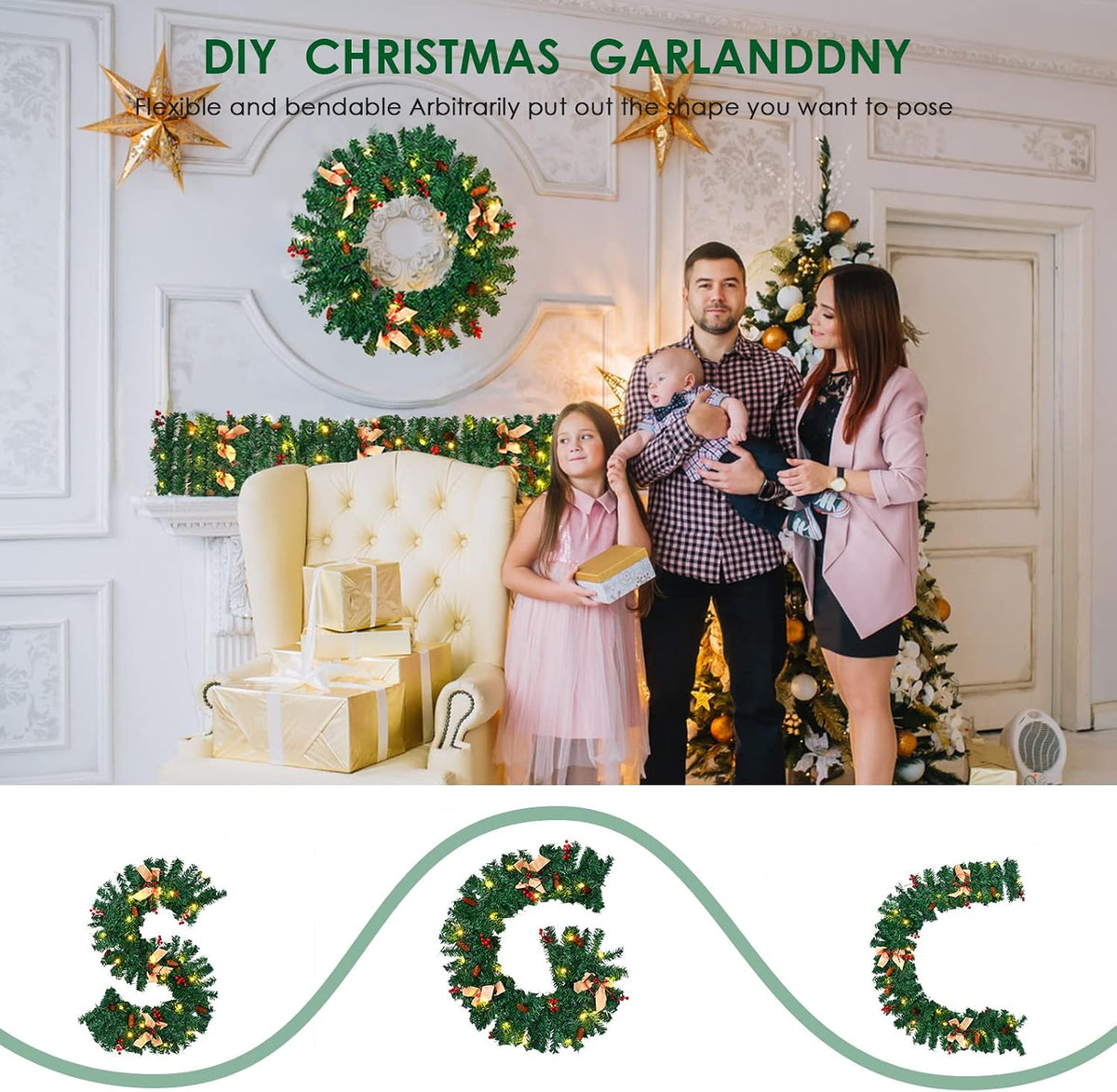 1.8M/6FT Christmas Garland with Lights, Christmas Garlands for Fireplace Stairs PE Artificial Wreath with 50 LED Lights for Xmas Tree Front Door Home Holiday Decor