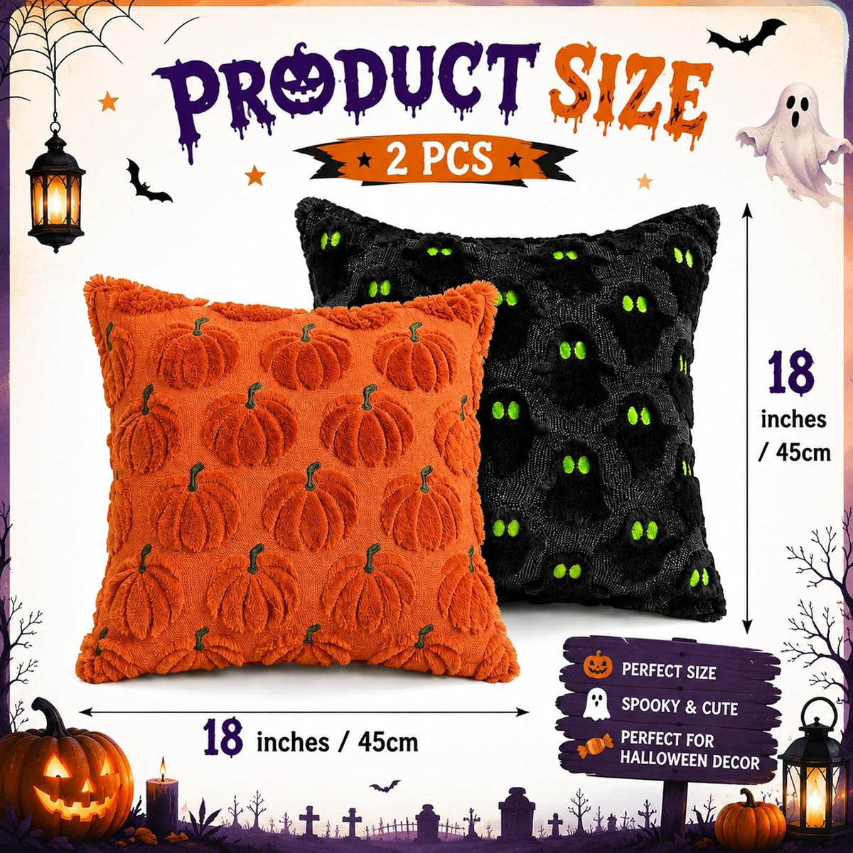 Halloween Cushion Covers, 45x45cm Funny Ghost Throw Pillow Covers, Pumpkin Ghost Halloween Decorations, Soft Plush Faux Fur Wool Couch Cushion Case for Chair Sofa Home Decor (Only Cover)