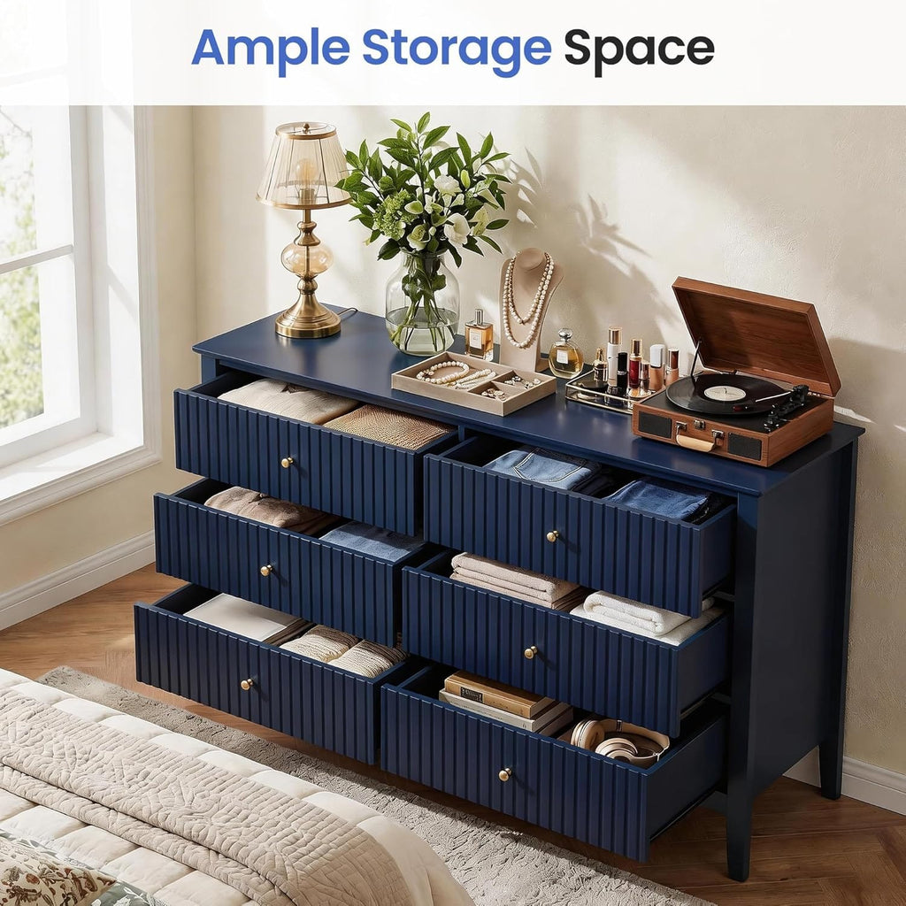 Fluted Chest of Drawers | 6 or 3 Drawers | Wide MDF Storage Unit | Water-Resistant | Black, Blue & Green