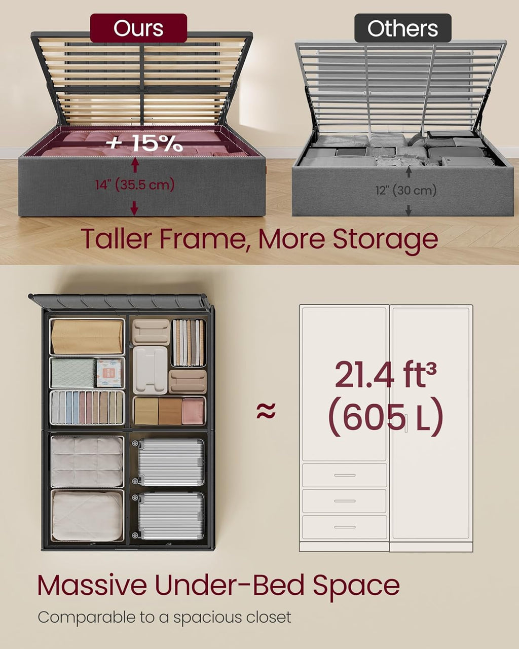 Ottoman Bed Frame with Lift-Up Storage | Hydraulic Lift | Upholstered Headboard | Double & Small Double