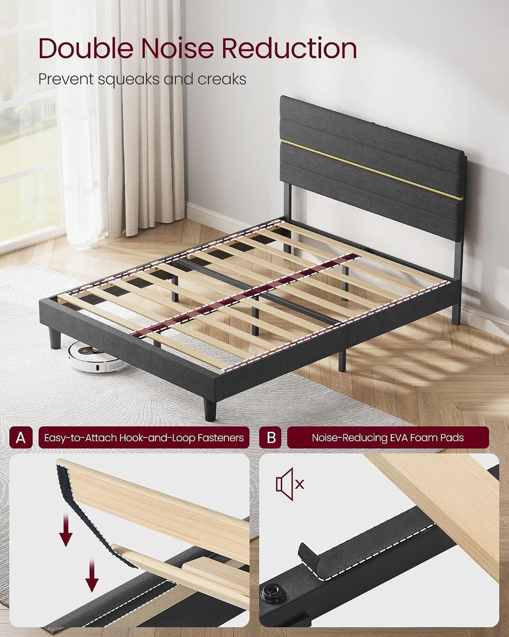 Upholstered Bed Frame | Adjustable Headboard | Metal Frame & Wooden Slats | Double & King