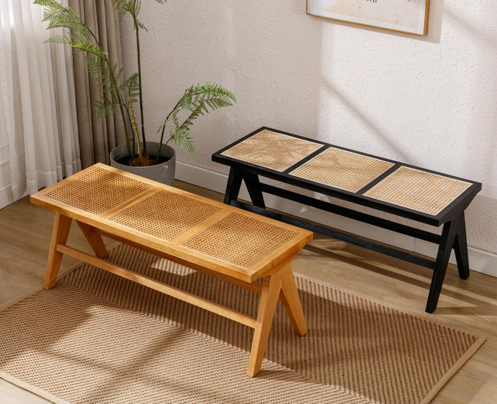 Shano Rattan Dining Bench | Solid Wood Frame | Woven Rattan Seat | Entryway Ottoman | 2 Colours