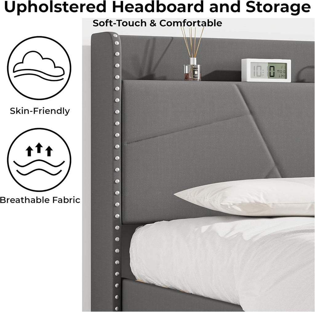 Upholstered Bed Frame with Built-In Charging Station | Linen Headboard | Storage | Single, Double & King