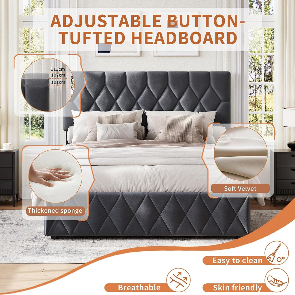 Velvet Ottoman Storage Bed with Wingback Headboard | Hydraulic Lift | 300kg Capacity | Double & King | Grey & Cream