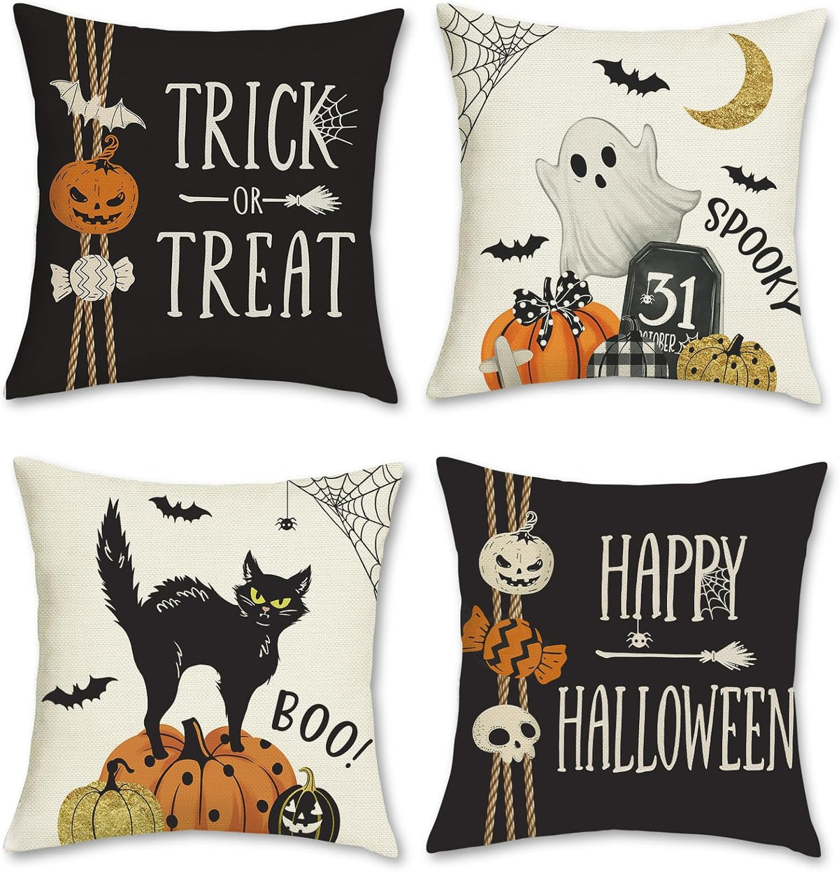 Happy Halloween Cushion Covers 45 x 45 cm Pumpkin Ghost Black Cat Trick or Treat Decorative Pillow Covers Black Pillowcases for Sofa Bed Home Outdoor Decor Set of 4