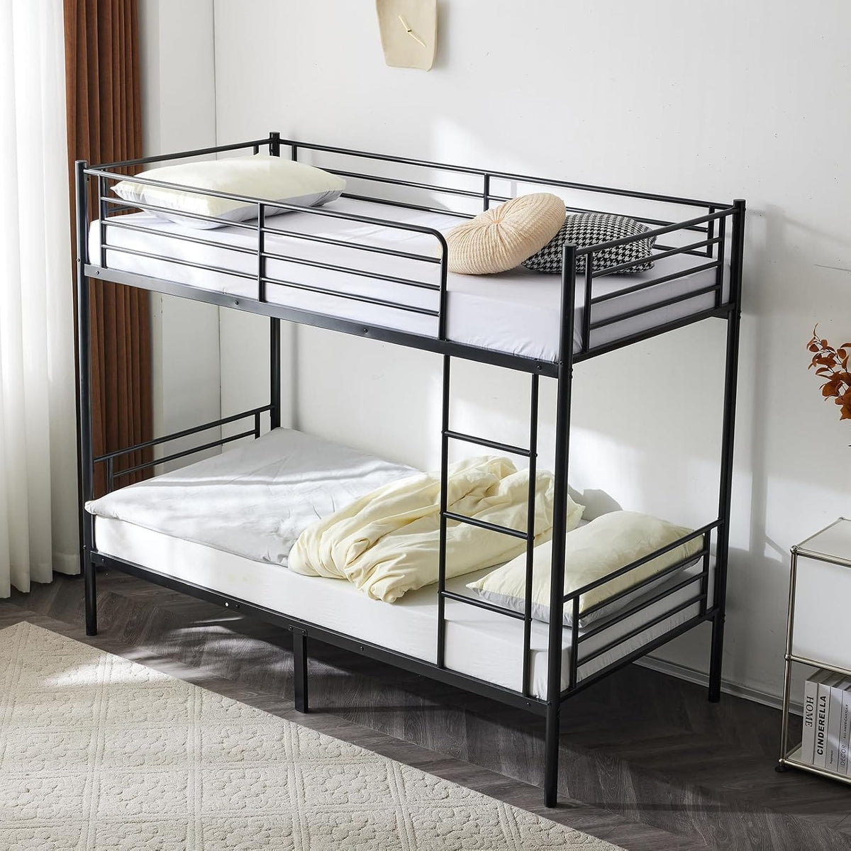 Heavy Duty Metal Bunk Bed Single over Single | Full-Length Guardrails | Optional Storage Drawers | Black & White