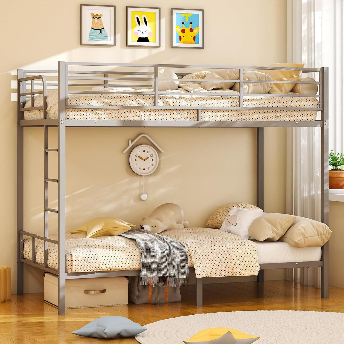 Metal Bunk Bed Single over Single | 38cm Full-Length Guardrail | Non-Slip Ladder | Optional Drawer | Black, White & Grey