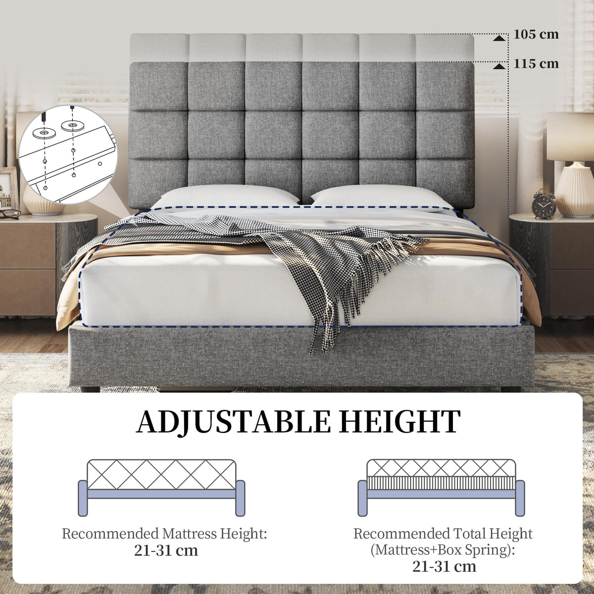 Upholstered Bed Frame with Square Tufted Headboard