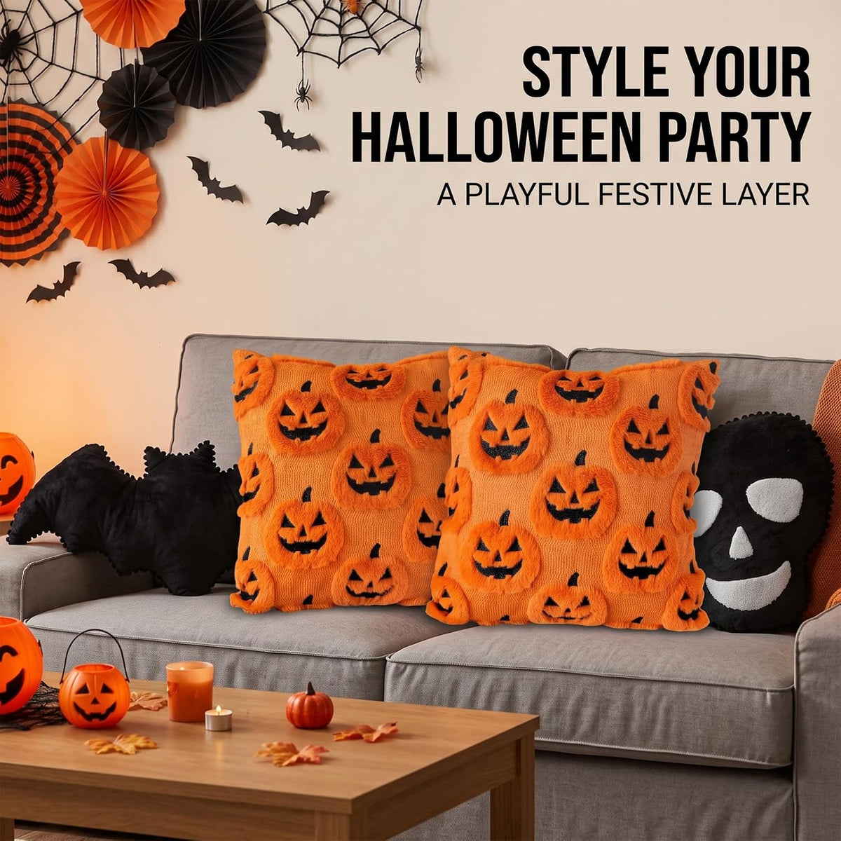 2 PCS Halloween Cushion Covers 45 x 45 cm Halloween Cushions Funny Ghost Pumpkin Cushion, Halloween Home Decor for Sofa Bedroom Living Room Home Decor (Emoticon Pumpkin)