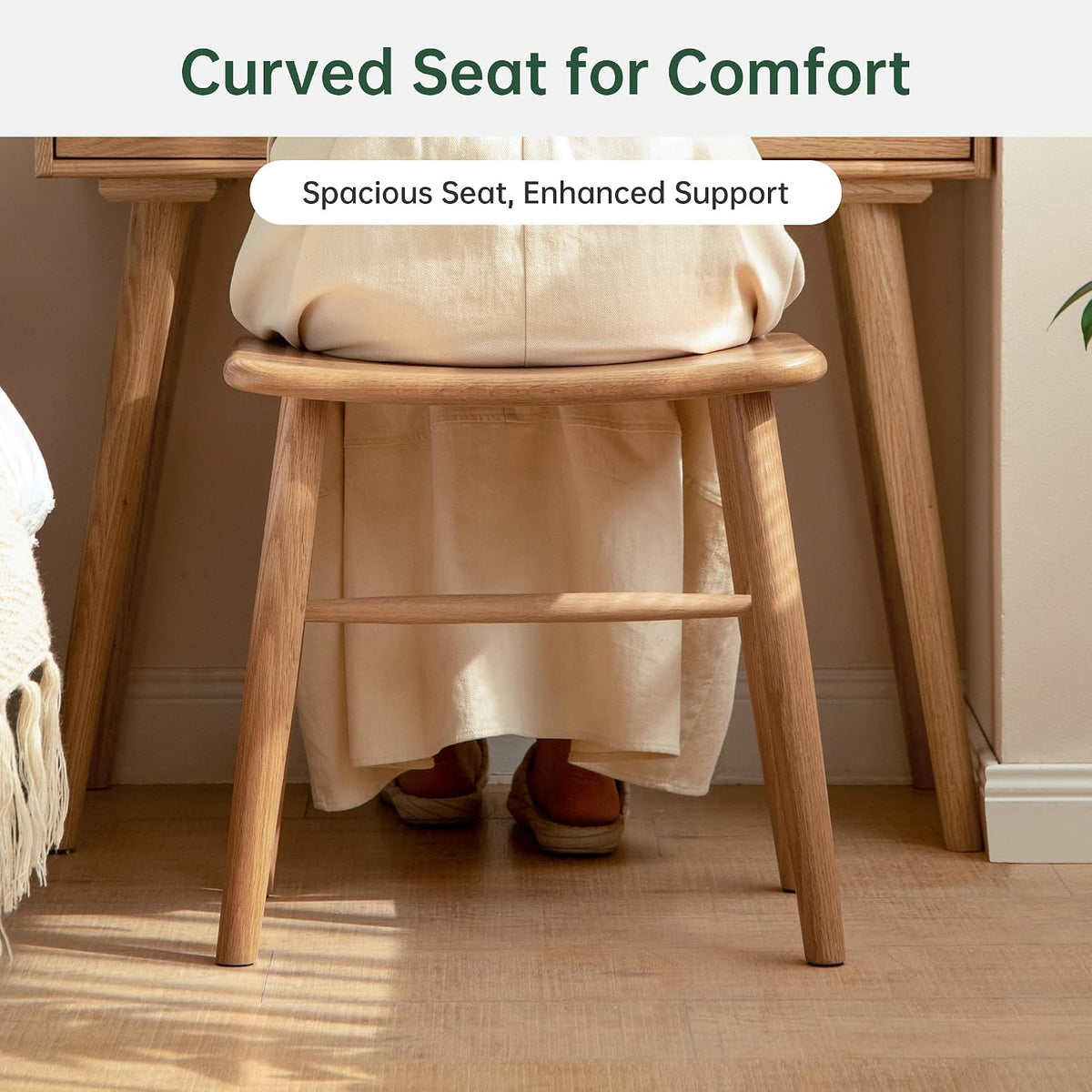 Shano Solid Red Oak Dressing Stool | Curved Seat | Pre-Assembled | 150kg | 2 Finishes
