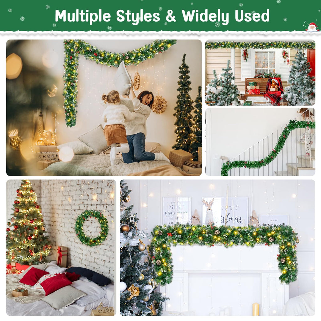 1.8M/6FT Christmas Garland with Lights, Christmas Garlands for Fireplace Stairs PE Artificial Wreath with 50 LED Lights for Xmas Tree Front Door Home Holiday Decor