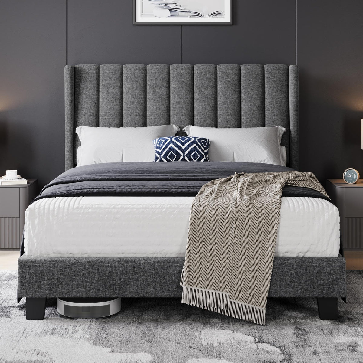 Shano Furniture Channel-Tufted Wing Bed Frame, Double, Beige